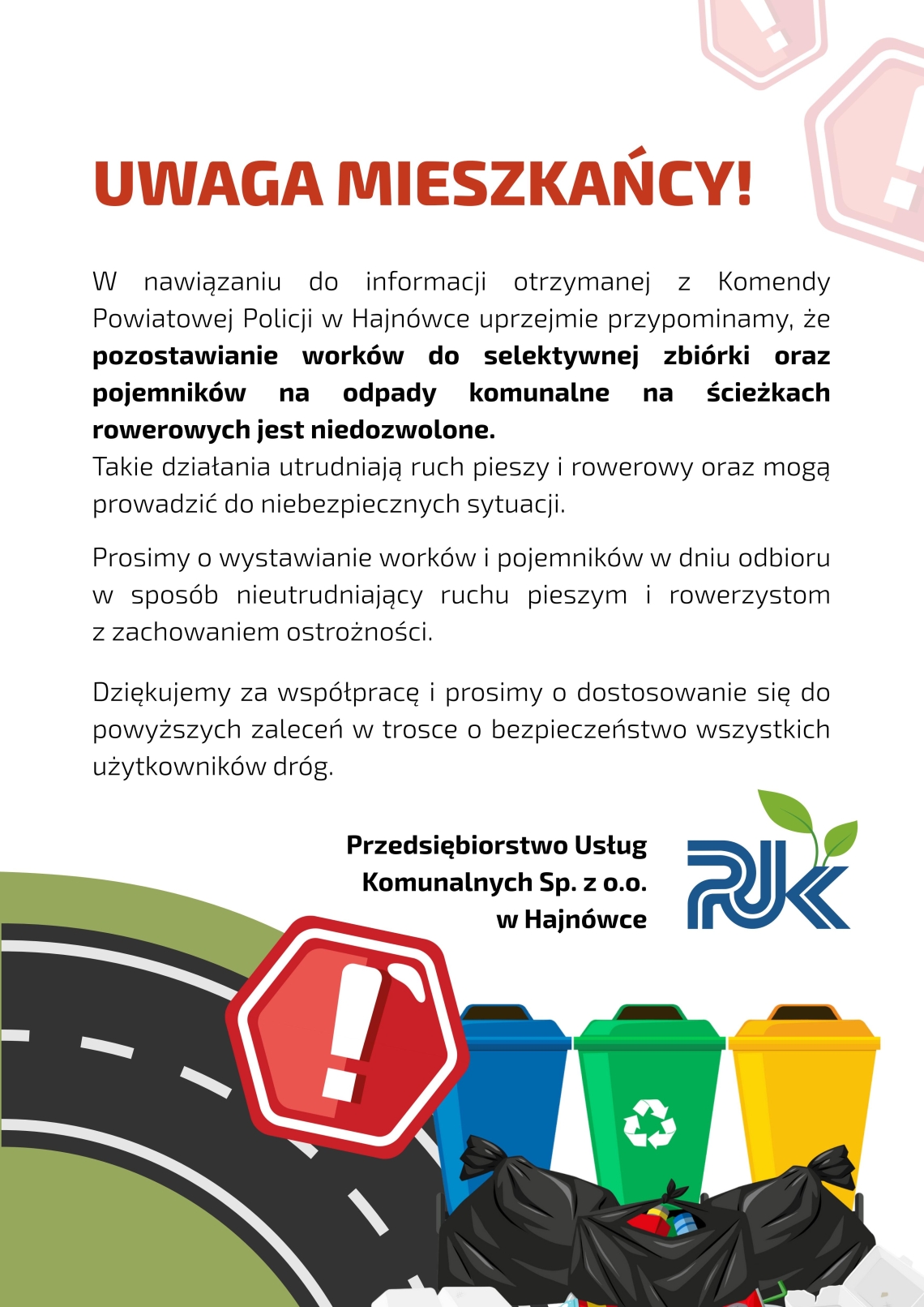 plakat z komunikatem i grafiką pojemników na odpady