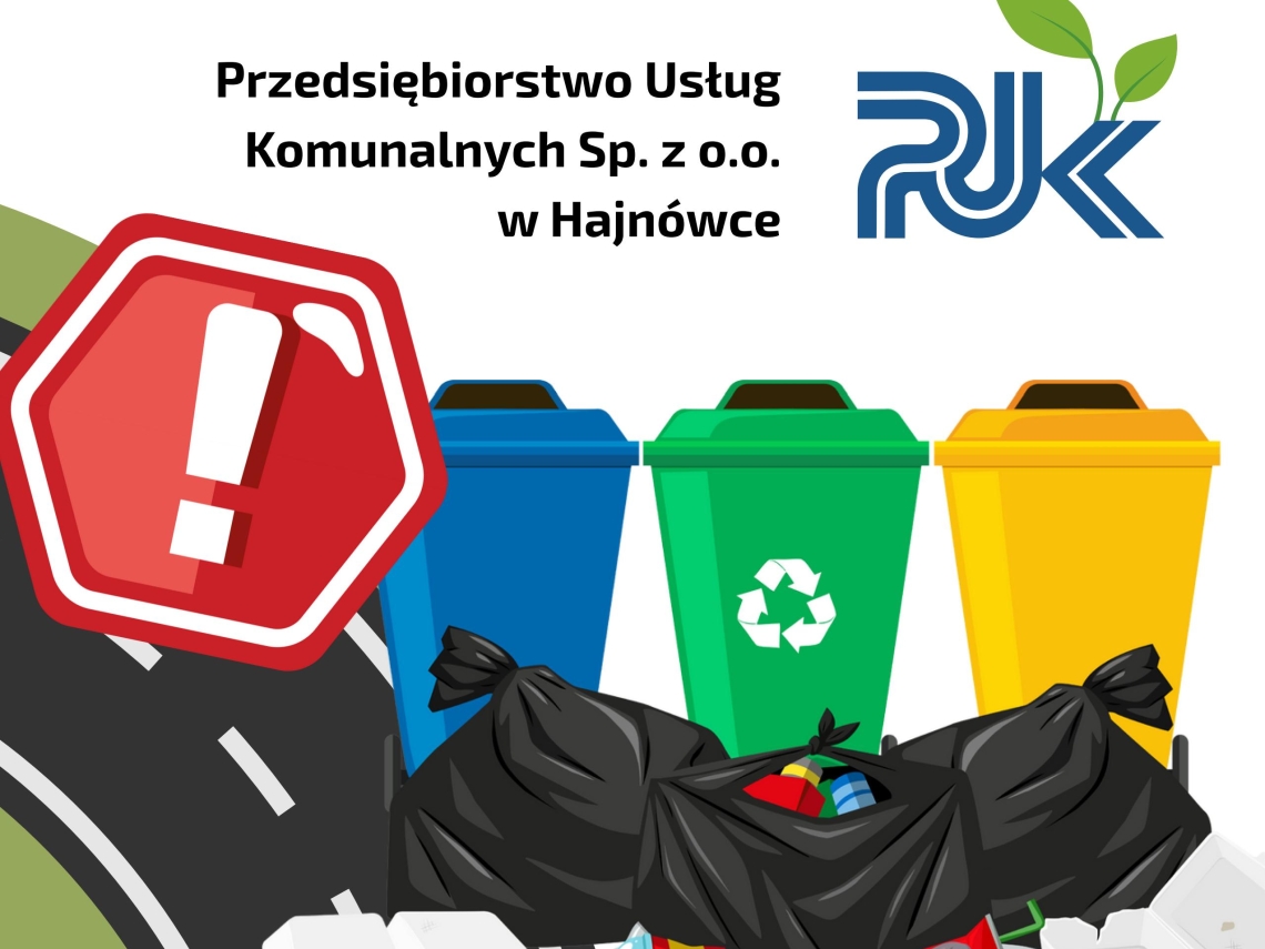 plakat z komunikatem i grafiką pojemników na odpady