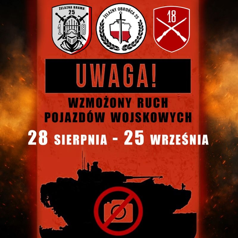 plakat informacyjny o wzmożonym ruchu pojazdów wojskowych