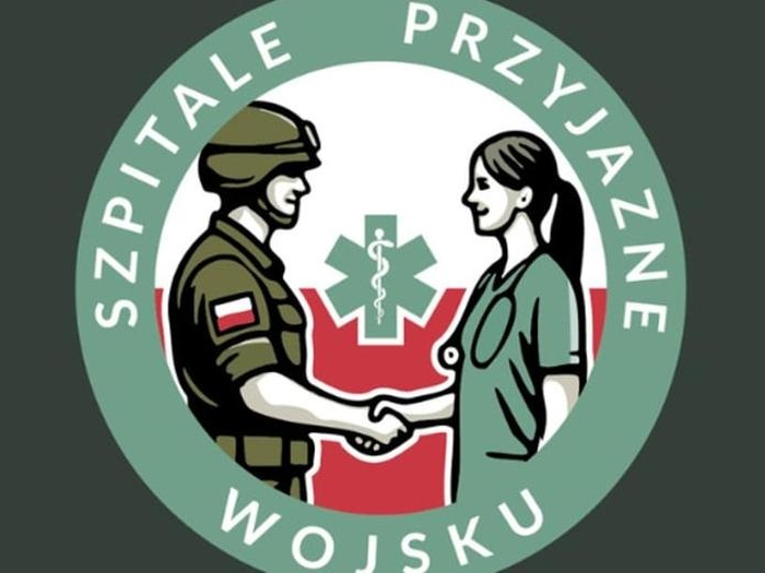 grafika żołnieża podającego rękę lekarzowi oraz napis SZPITALE PRZYJAZDE WOJSKU
