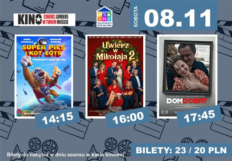 trzy plakaty reklamujące film, loga, data i godzina seansów, ceny biletów