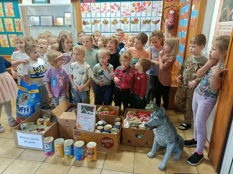 dzieci stoją przy zebranej karmie dla zwierząt
