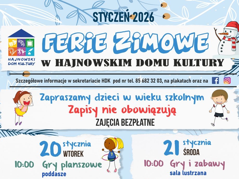 plakat z kalendarzem wydarzeń podczas ferii