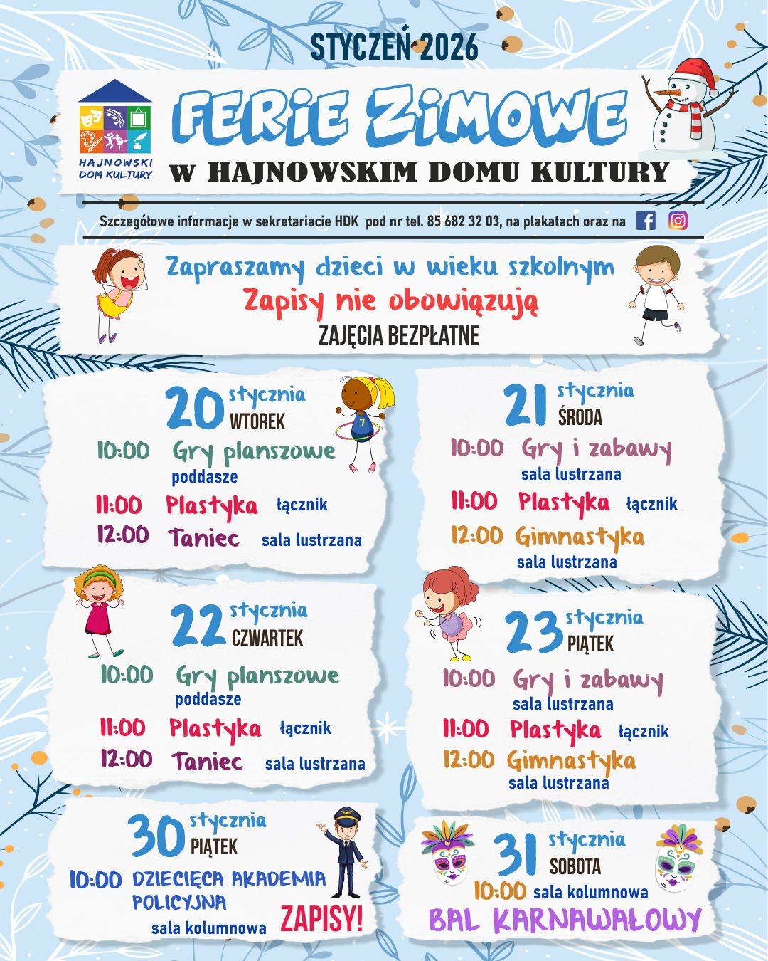 plakat z kalendarzem wydarzeń podczas ferii