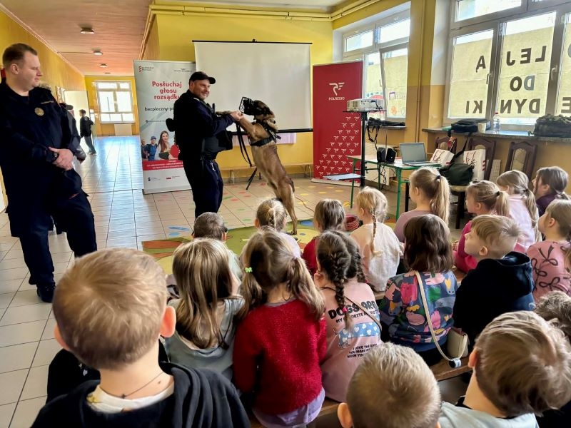 dzieci siedzą na ławkach w szkolnym korytarzu, oglądają film edukacyjny oraz pokaz psa patrolowego.