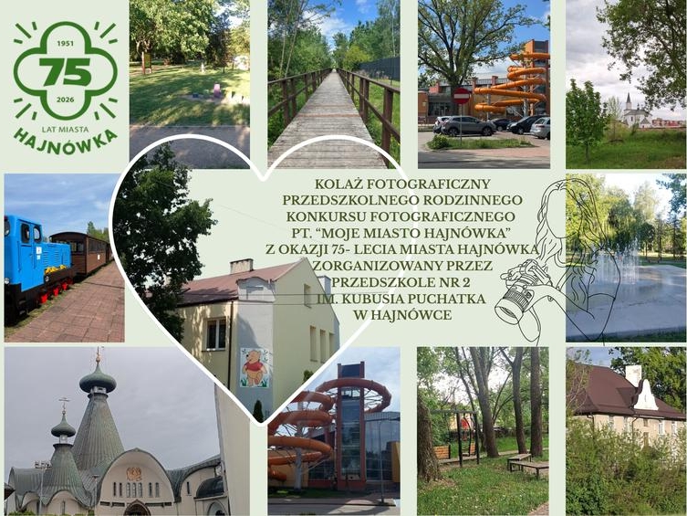 kolaż z prac konkursowych - zdjęcia z obiektów w Hajnówce i logo 75 lat miasta Hajnówka