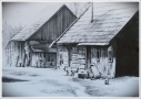 Zdjęcie przedstawia czarno - biały rysunek dwóch drewnianych chat.