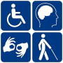 kwadrat złożony z czterech mniejszych granatowych kwadratów; w każdym z nich biała grafika z symbolami niepełnosprawności ruchowej, intelektualnej, słuchu, wzroku