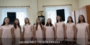 Osiem dziewcząt w różowych sukienkach pozuje do zdjęcia.