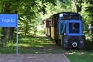 Zdjęcie pociągu jadącego przez las, po lewej stronie niebieska tablicza z białym napisem "Topiło".
