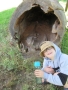 Chłopiec na tle wydrążonego pnia drzewa