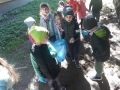 dzieci  w niebieskich rękawiczkach sprzątają śmieci do worków