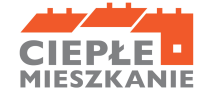 logo; nad szarym napisem Ciepłe mieszkanie, pomarańczowa grafika dachów domów