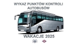 grafika autobusu, oraz napis WYKAZ PUNKTÓW KONTROLU AUTOBUSÓW wakacje 2025, loga