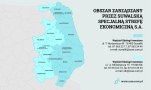 niebieskim kolorem zaznaczone obszary zarządzane przez Suwalską Specjalną Strefę Ekonomiczną, po prawej stronie dane kontaktowe