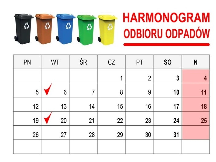 kalendarz z zaznaczonymi datatami oraz zestaw kolorowych koszy na odpady i napis: HARMONOGRAM ODBIORU ODPADÓW